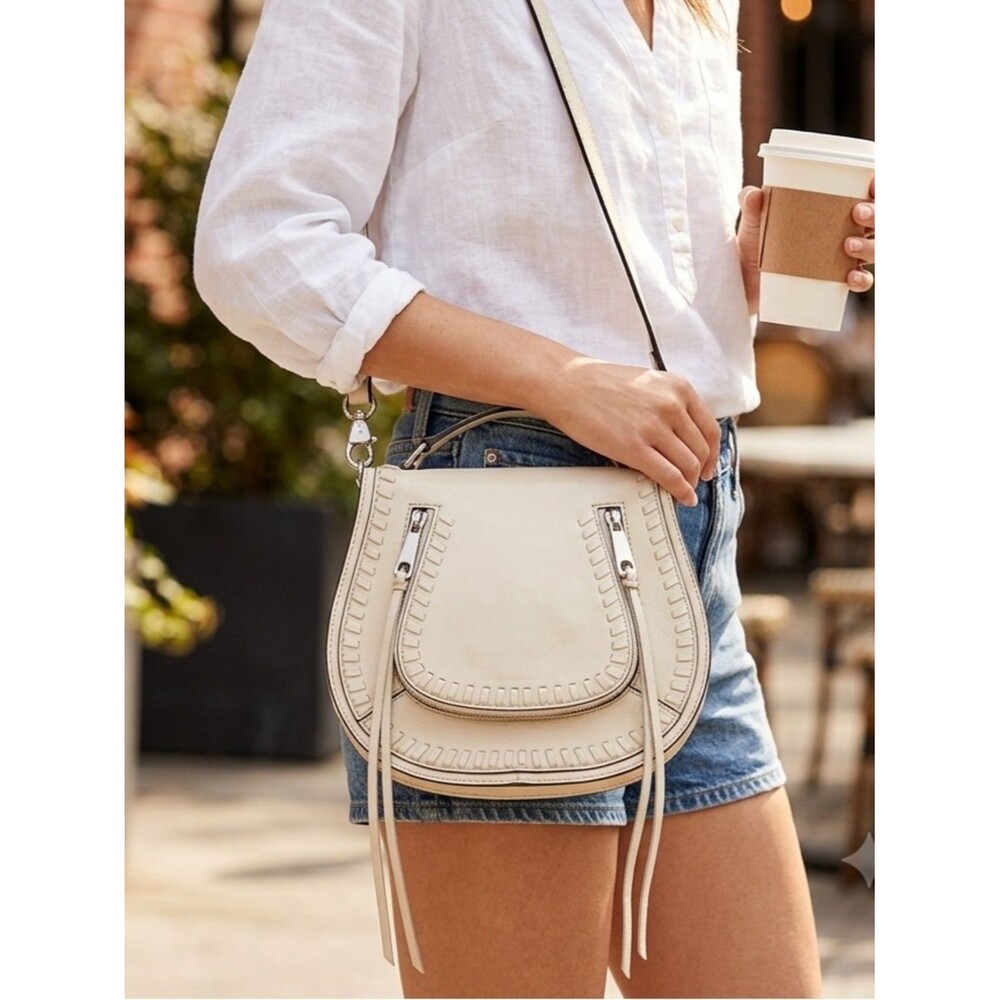 Rebecca Minkoff White Leather Small Vanity Saddle Crossbody Bag Whipstitch Purse